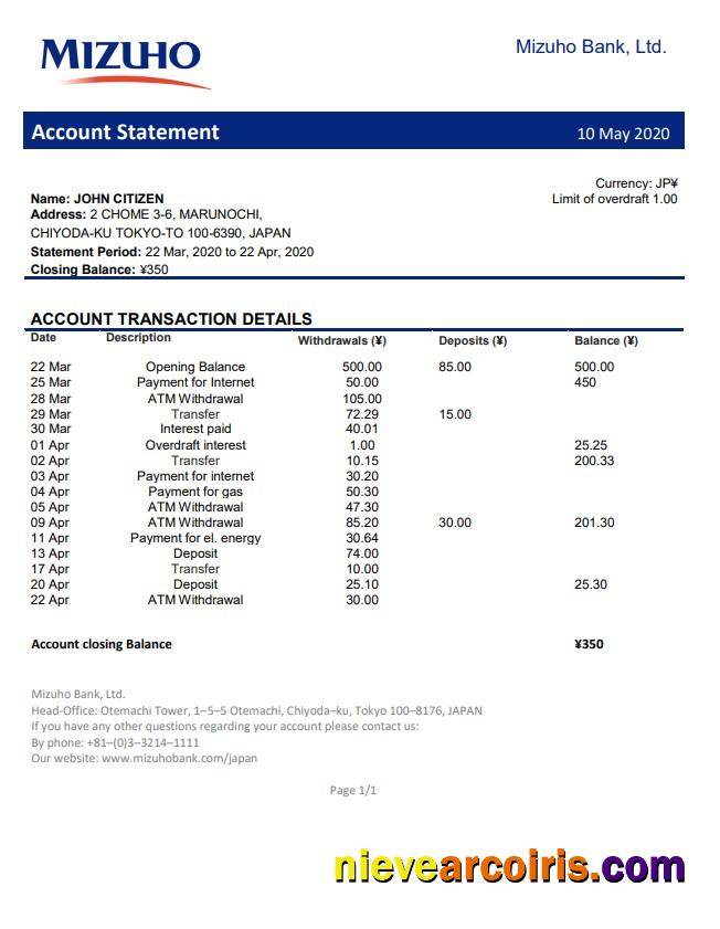 Japan Mizuho Bank statement